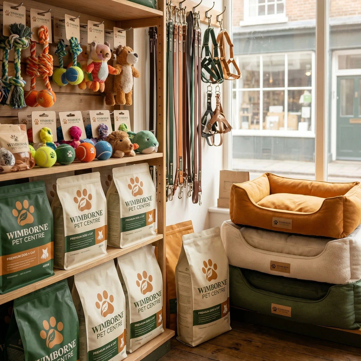 Pet store interior with shelves displaying Wimborne Pet Centre products, including bags, toys, and pet beds.